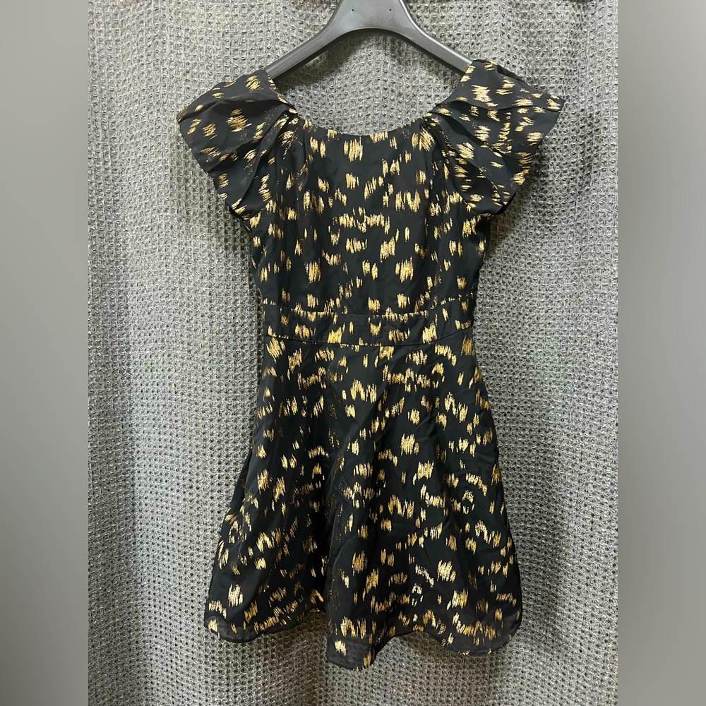 BCBGeneration Black Gold Metallic Brush Stroke Ikat Print A-line Dress Sz 2